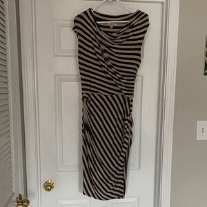 Bordeaux Striped Draped Midi Dress in Beige and Black